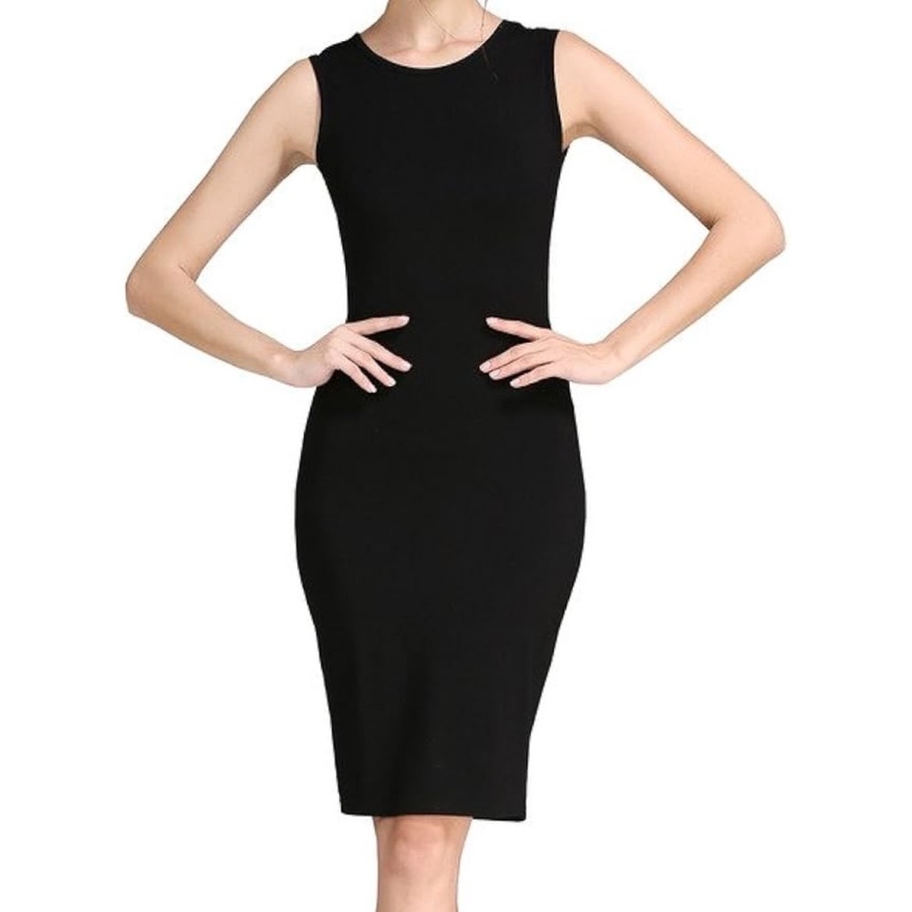 Basic Black Bodycon Fitted Stretch Midi Sleeveless Tank Dress Sz L NWOT